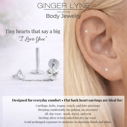 Ginger Lyne Solitaire Heart Flat Back Stud Earrings Sterling Silver Cubic Zirconia Body Jewelry - Silver-3mmCZ-16G-8mmPost
