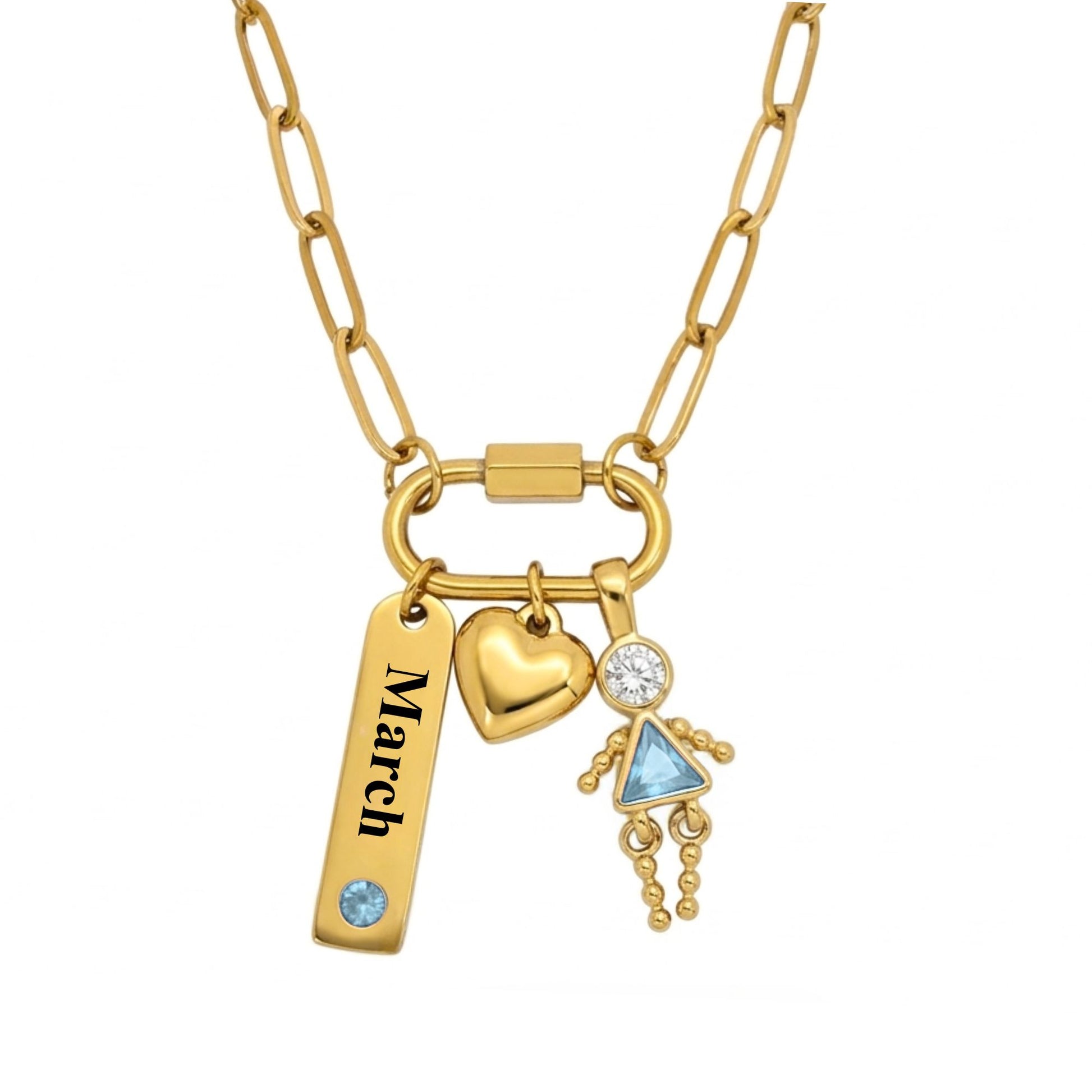 CarabinerFamilyBirthstoneNecklaceforMomorGrandmabyGingerLyneStainlessSteelCZBirthdayCharms_Female-March-Gold-1