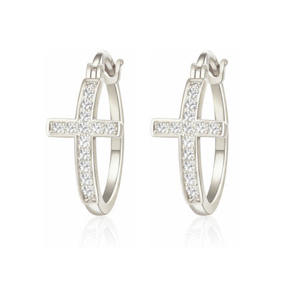 Cross Hoop Earrings for Women Cubic Zirconia Ginger Lyne Collection - SilverTone-20mm