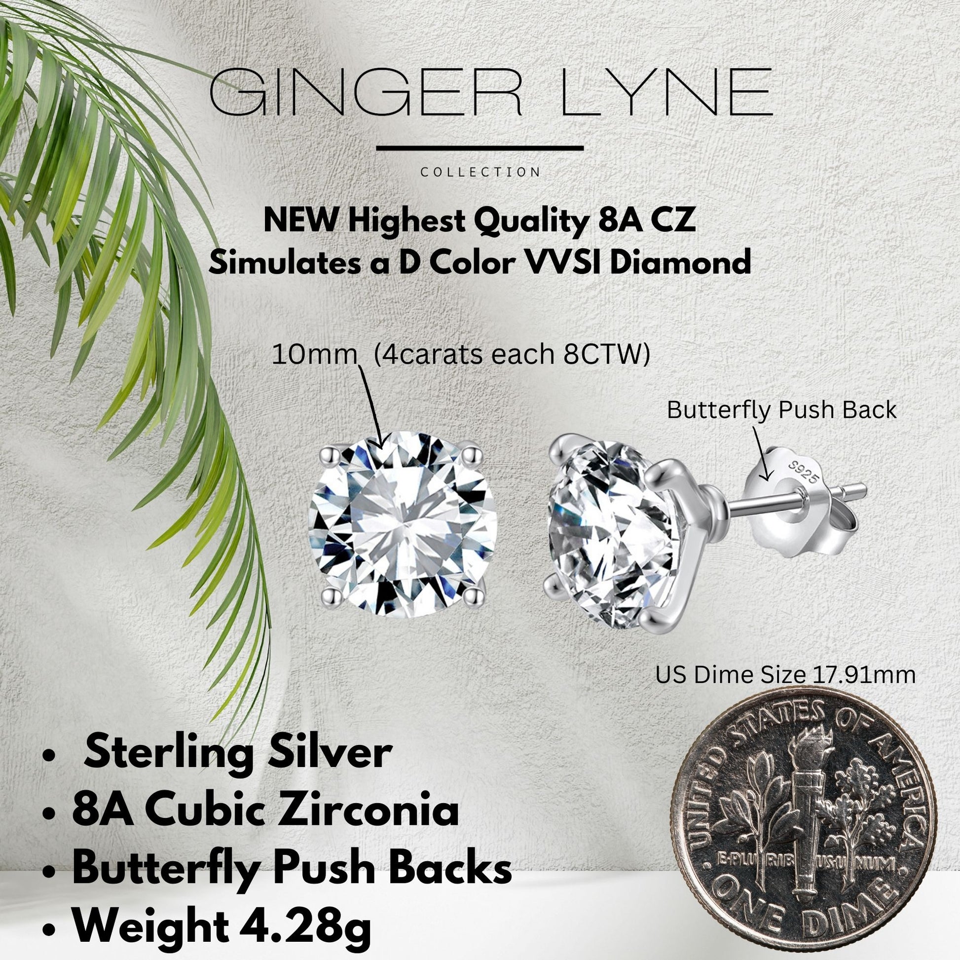 Solitaire Stud Earrings for Women 8 Ctw Sterling Silver Studs for her Ginger Lyne Collection - Silver