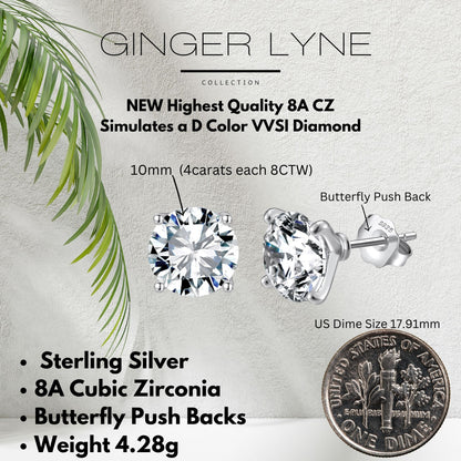 Solitaire Stud Earrings for Women 8 Ctw Sterling Silver Studs for her Ginger Lyne Collection - Silver
