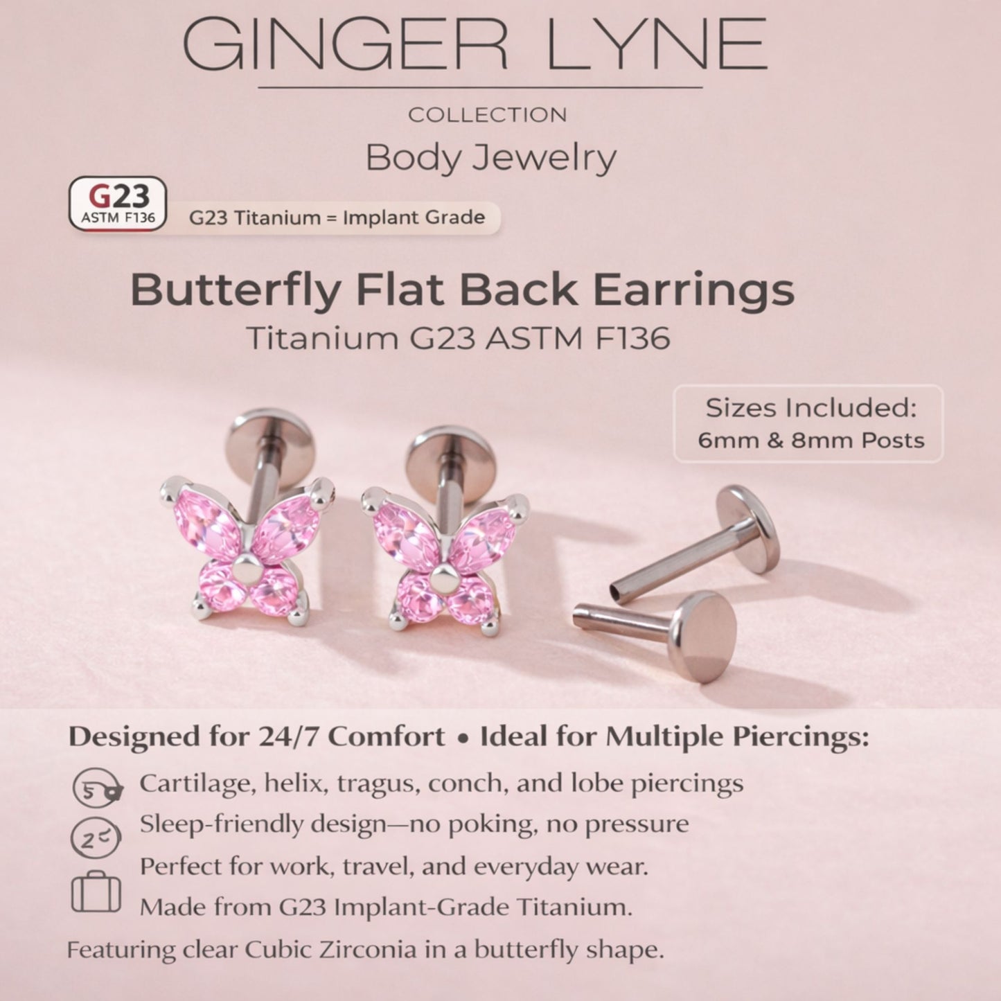 Small Butterfly CZ Solitaire Flat Back Stud Earrings Titanium Body Piercings by Ginger Lyne 2 Sets Post 6mm 8mm - Pink