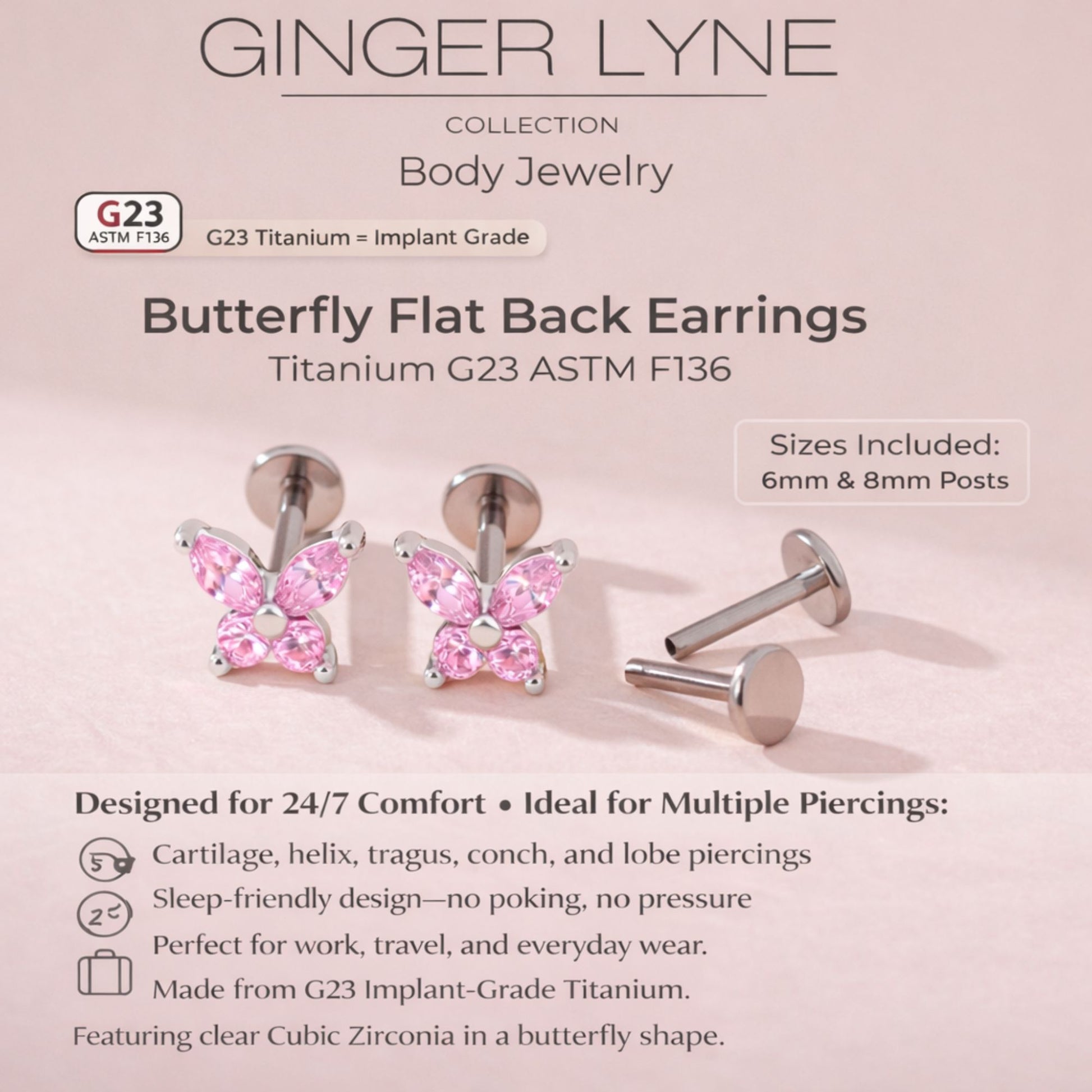 Small Butterfly CZ Solitaire Flat Back Stud Earrings Titanium Body Piercings by Ginger Lyne 2 Sets Post 6mm 8mm - Pink