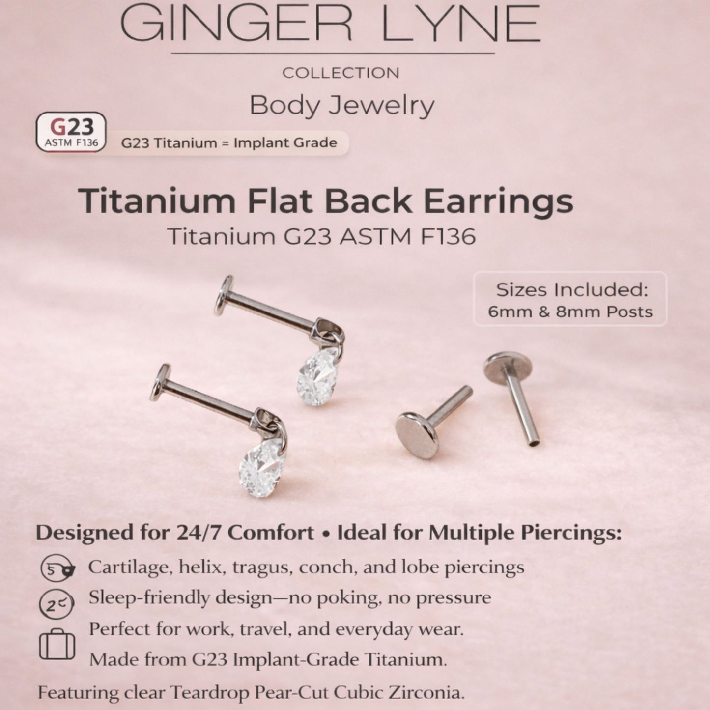 TeardropCZFlatBackStudEarrings6mmPearShapeDangleBodyPiercingsbyGingerLyne2SetsPost6mm8mm_Clear-2