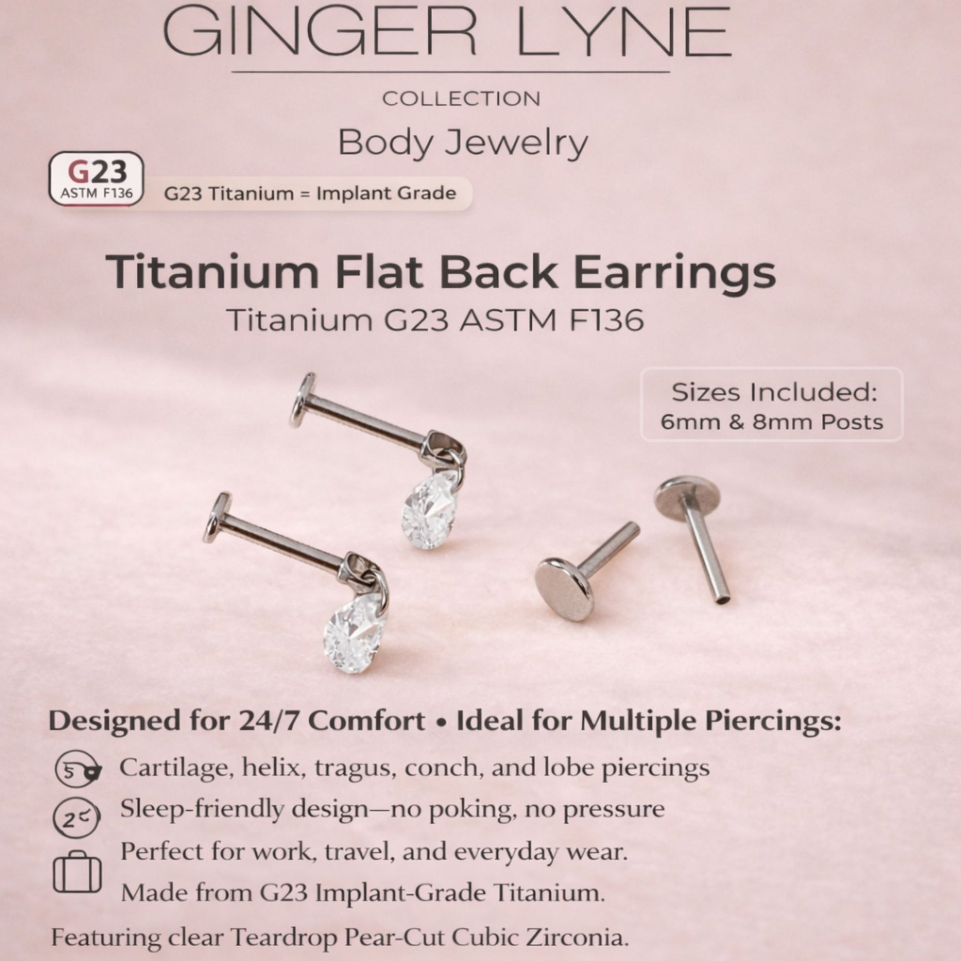 TeardropCZFlatBackStudEarrings6mmPearShapeDangleBodyPiercingsbyGingerLyne2SetsPost6mm8mm_Clear-2