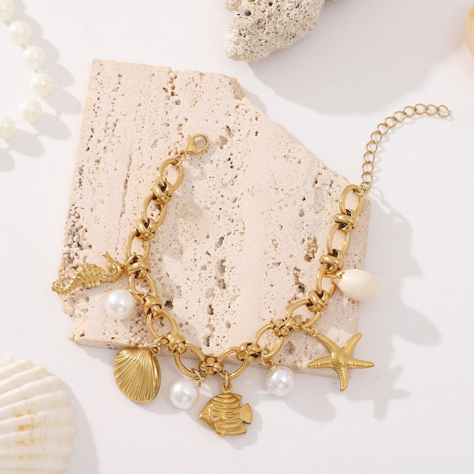Seashell Charm Bracelet for Women by Ginger Lyne Gold Plated Stainless Steel Pearls Starfish and Shells - Gold