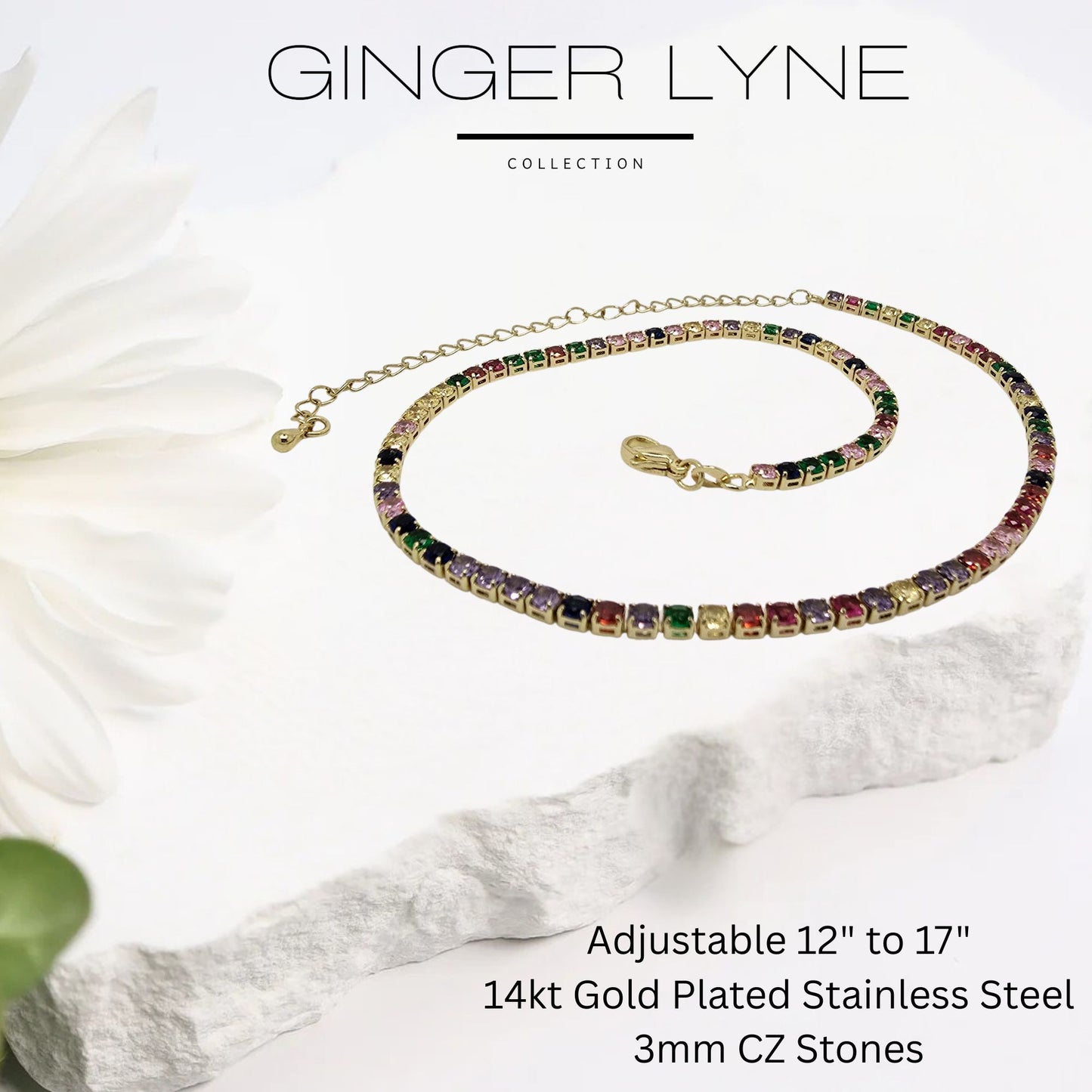 ColorfulTennisNecklaceforWomen3mmCubicZirconiaAdjustable17"Length14KGoldPlatedStainlessSteelbyGingerLyne_GoldTone-4