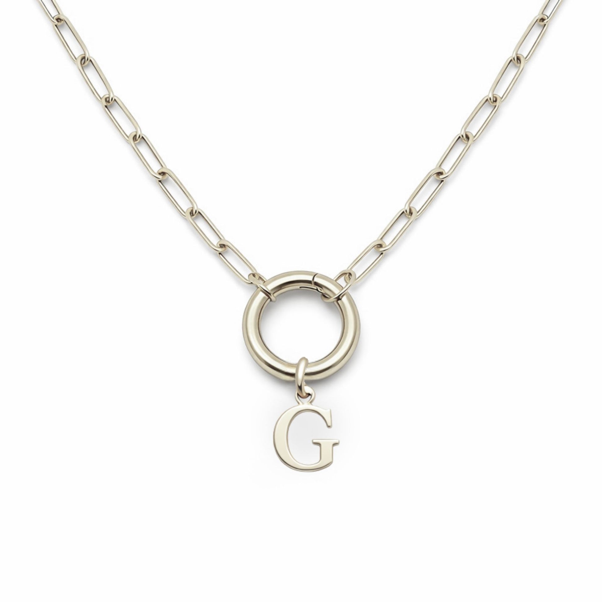 PaperclipLinkCircleCarabinerIntialLetterCharmHolderNecklaceforWomenStainlessSteel20"GingerLyne_Silver-G-1