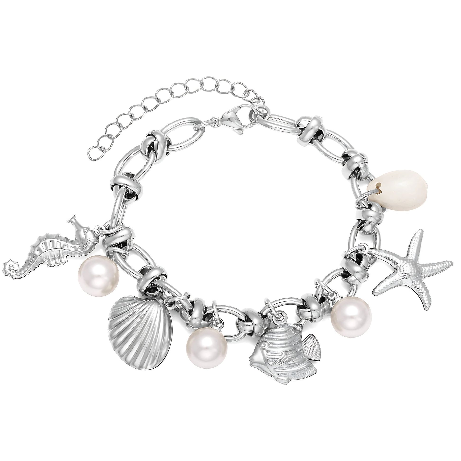 SeashellCharmBraceletforWomenbyGingerLyneGoldPlatedStainlessSteelPearlsStarfishandShells_Silver-2