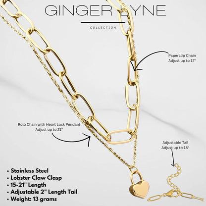 PaperclipChainLayeredNecklaceforWomenHeartLockPendantGoldoverStainlessSteelAdjustableupto21"_Necklace-Gold-4