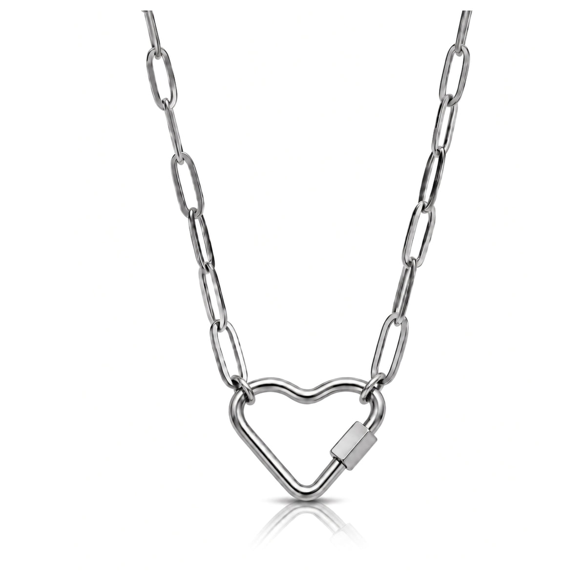 Silver Tone Heart Carabiner Charm Holder Necklace Paperclip Chain 22mm Heart Clasp 18-20 Inch Stainless Steel by Ginger Lyne - Silver-PaperclipChain/Heart CH