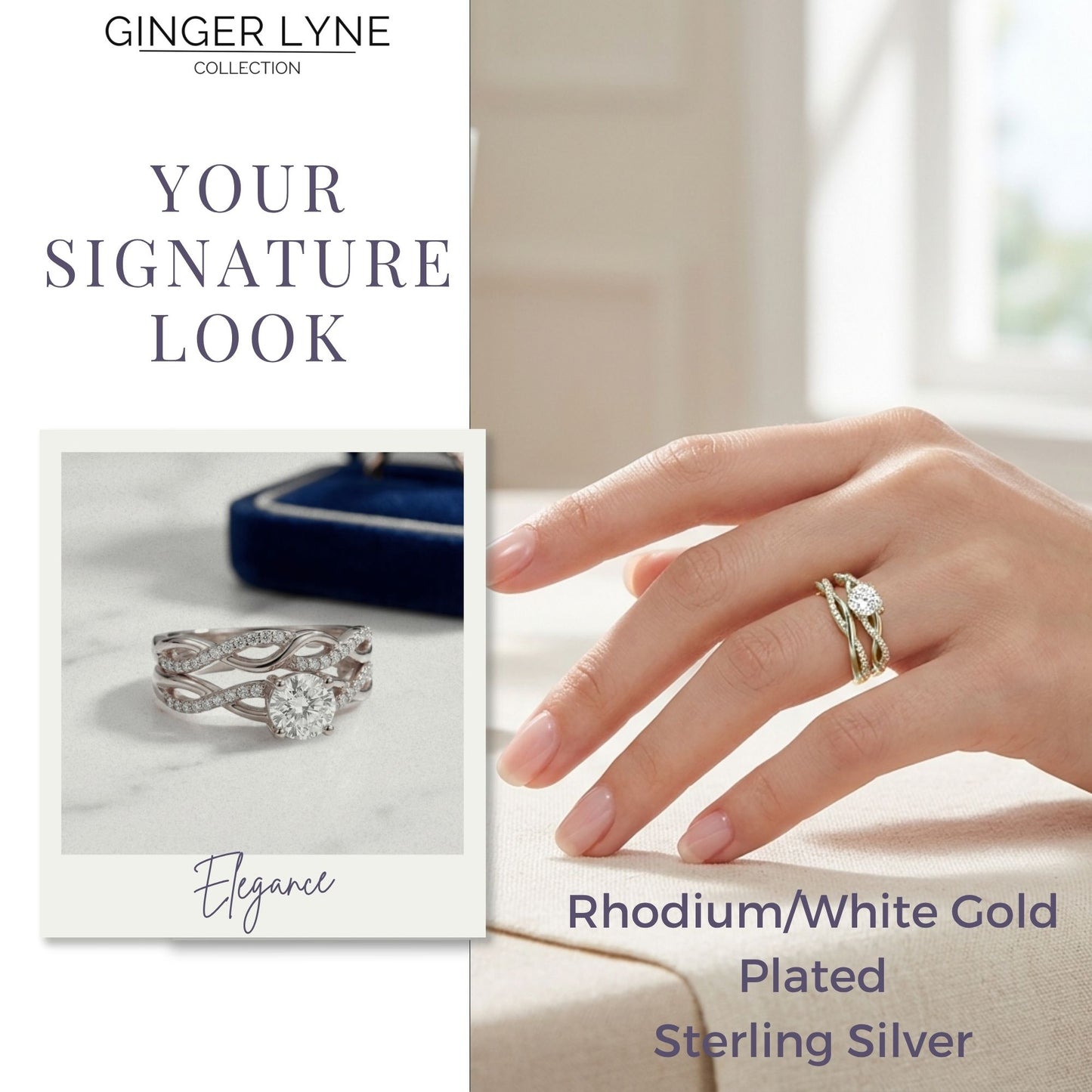 QueenaWeddingRingSetAnniversaryBandEngagementRingforWomenSterlingSterlingCzGingerLyneCollection_WhiteGold/Sterling-4