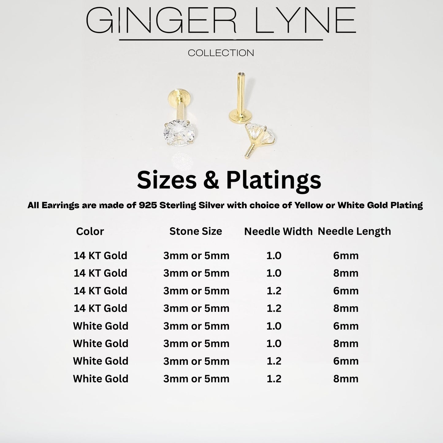 Solitaire Flat Back Stud Earrings by Ginger Lyne Sterling Silver 5A CZ 3mm or 5mm Stone - 5mm-1x6-Silver
