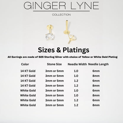 Solitaire Flat Back Stud Earrings by Ginger Lyne Sterling Silver 5A CZ 3mm or 5mm Stone - 5mm-1x6-Silver