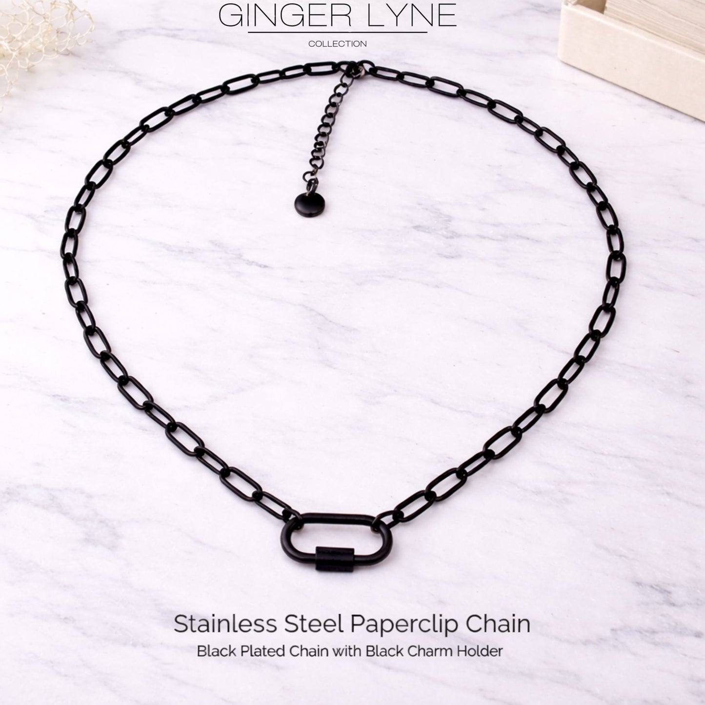 Carabiner Charm Holder Necklace for Women by Ginger Lyne Paperclip Chain Black Stainless Steel 18-20" - Black-PaperclipChain/Rect Sq CH