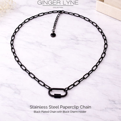 Carabiner Charm Holder Necklace for Women by Ginger Lyne Paperclip Chain Black Stainless Steel 18-20" - Black-PaperclipChain/Rect Sq CH