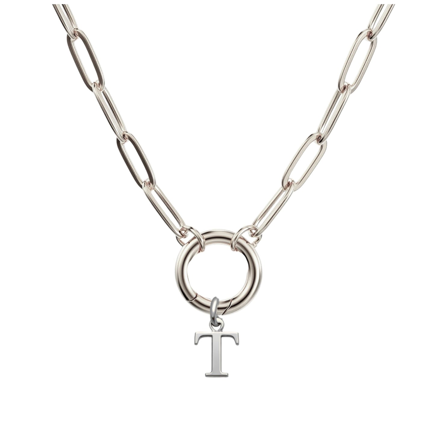 PaperclipLinkCircleCarabinerIntialLetterCharmHolderNecklaceforWomenStainlessSteel20"GingerLyne_Silver-T-1