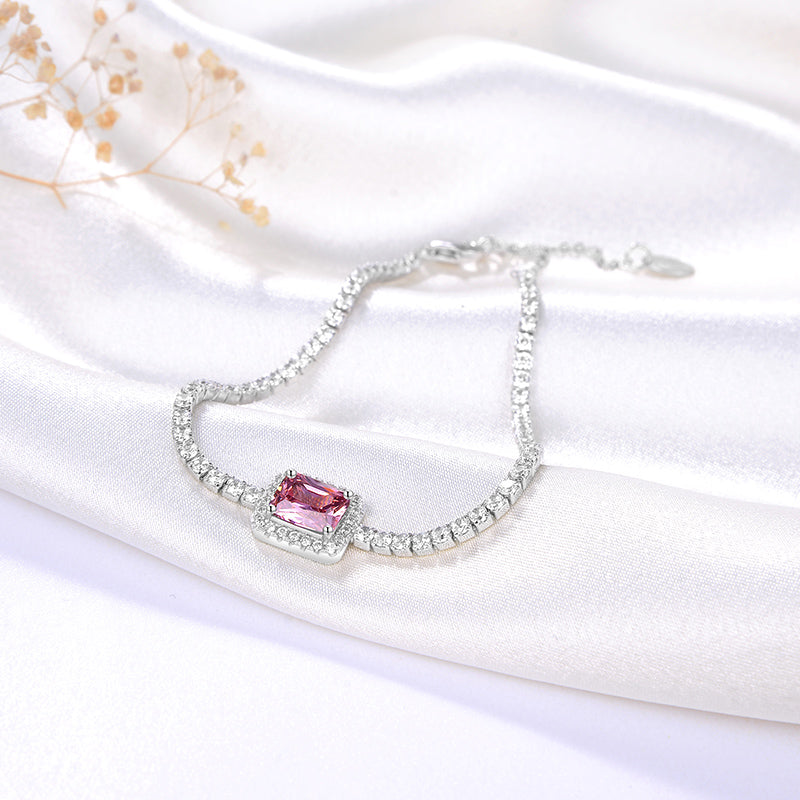 Halo Tennis Chain Bracelet for Women Adjustable Sterling Silver Pink CZ Ginger Lyne Collection - Pink