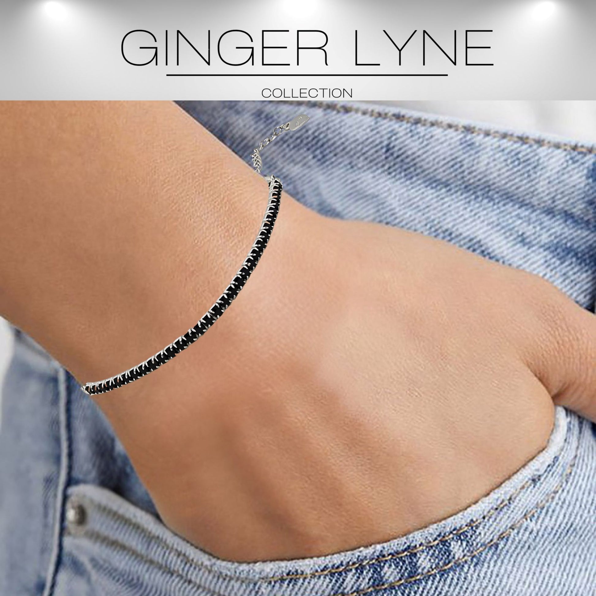 Paperclip Chain Half CZ Tennis Bracelet for Women Adjustable to 7.5" Sterling Silver Ginger Lyne Collection - Black