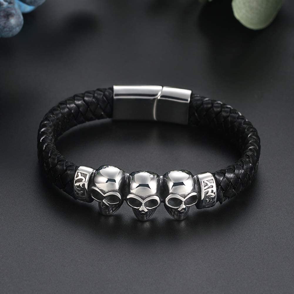 SkullsBraceletStainlessSteelBikerPunkGothLeatherMensGingerLyneCollection_Silver-2