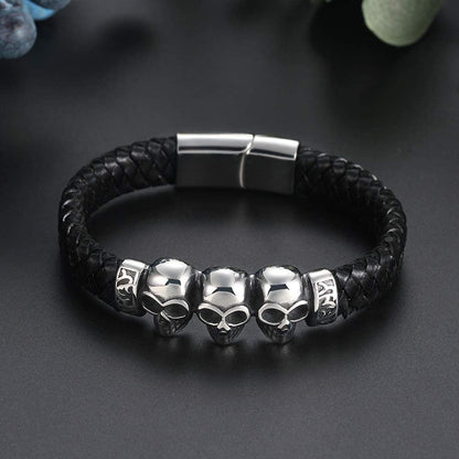SkullsBraceletStainlessSteelBikerPunkGothLeatherMensGingerLyneCollection_Silver-2