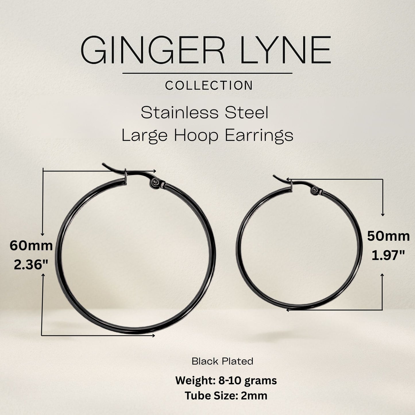 Black Hoop Earrings for Women Thin Large 60mm Stainless Steel Ginger Lyne Collection - 60mm-Black