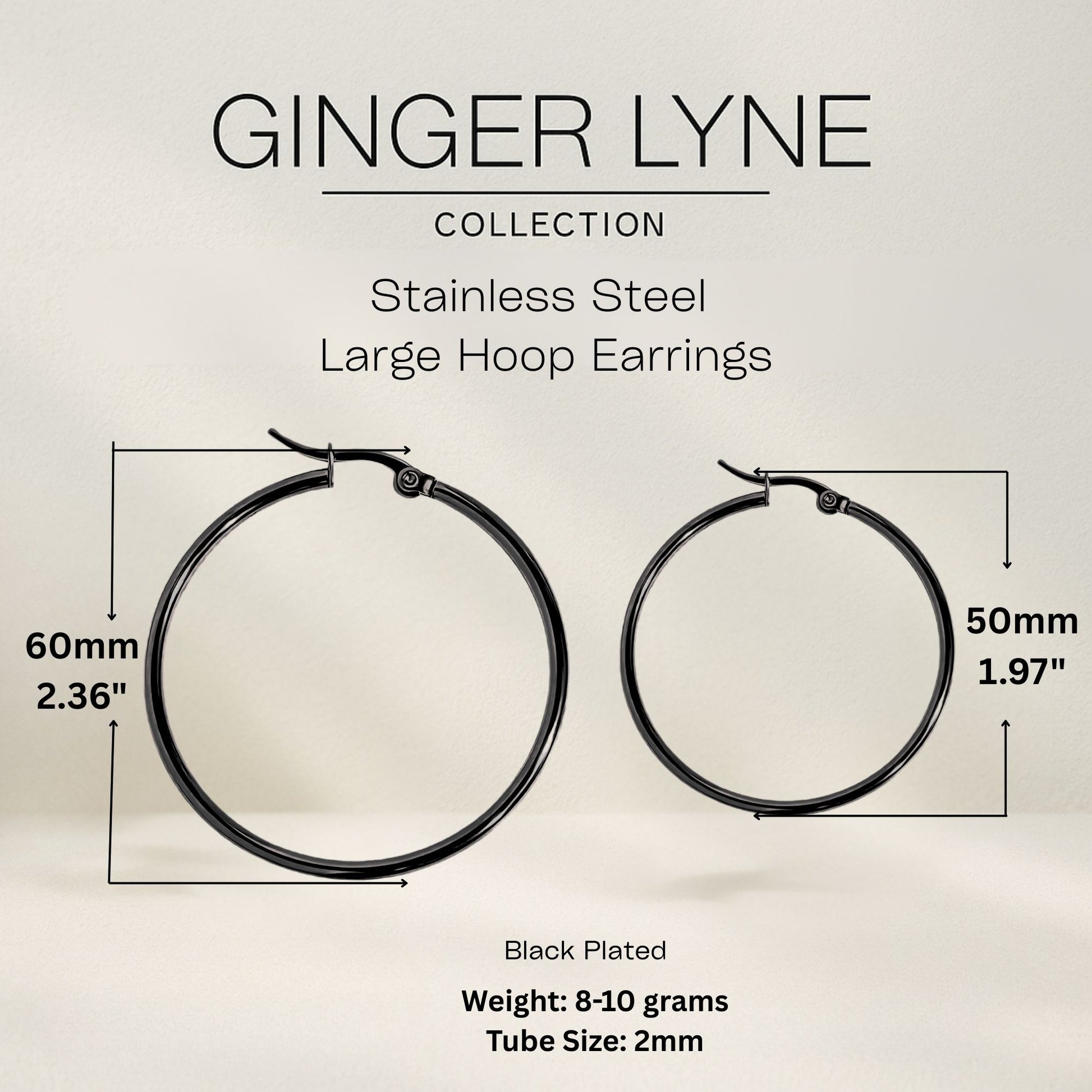 Black Hoop Earrings for Women Thin Large 60mm Stainless Steel Ginger Lyne Collection - 60mm-Black