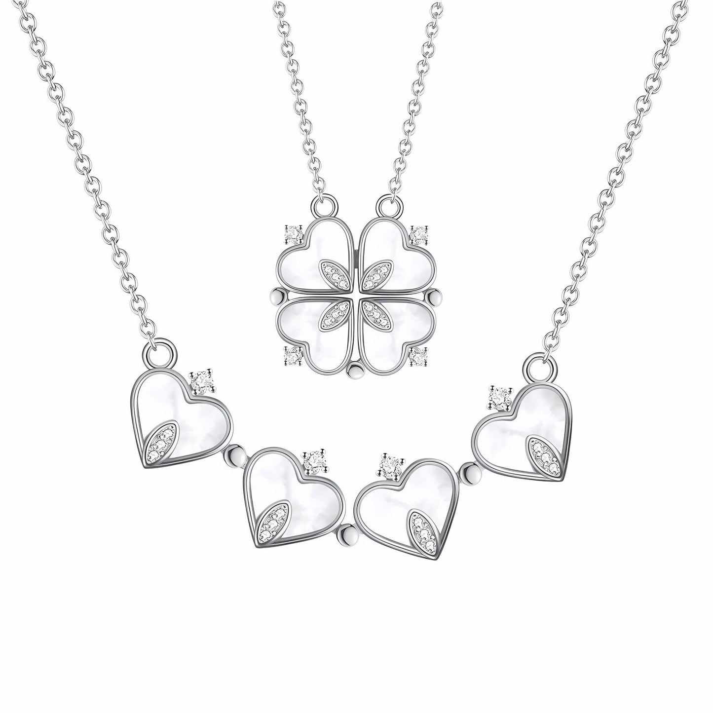 4 Leaf Clover Heart Pendant Necklace for Women Magnetic Sterling Silver Ginger Lyne Collection - White Gold