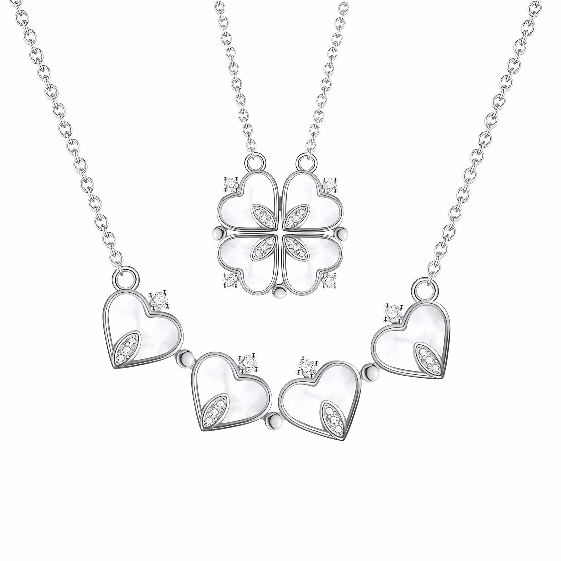 4 Leaf Clover Heart Pendant Necklace for Women Magnetic Sterling Silver Ginger Lyne Collection - White Gold