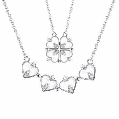 4 Leaf Clover Heart Pendant Necklace for Women Magnetic Sterling Silver Ginger Lyne Collection - White Gold
