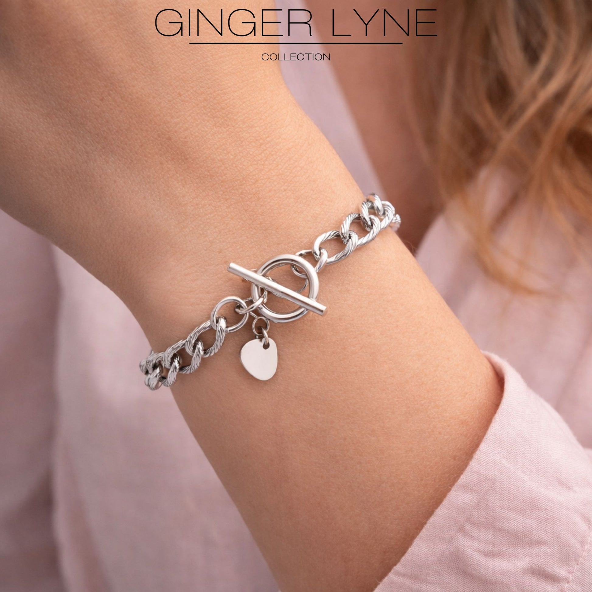 Heart Charm Toggle Bracelet for Women by Ginger Lyne Stainless Steel Chain - Silver Tone
