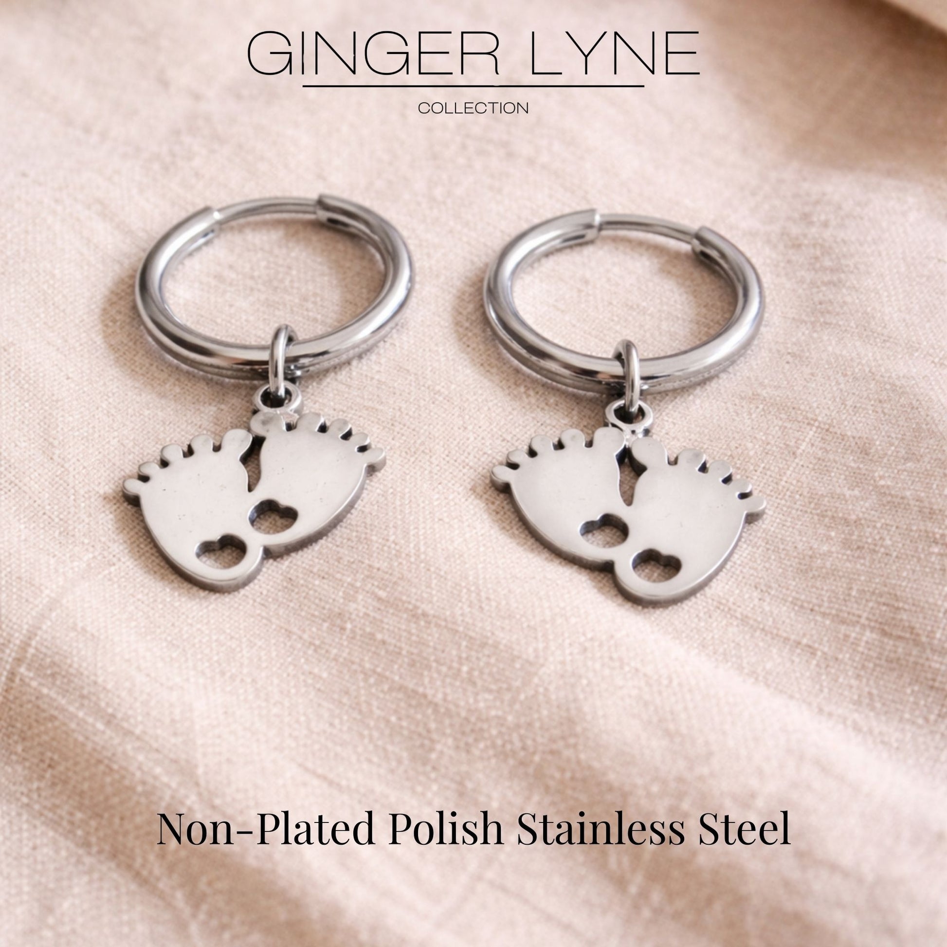 BabyFeetDangleHoopEarringsforWomen12mmNon-PlatedSilverToneStainlessSteelbyGingerLyne_Silver-3