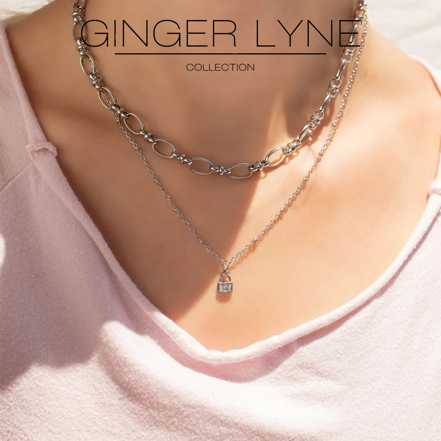Oval Link Circle Chain Necklace for Women 18KT Gold Plated Stainless Steel 16"-18" Ginger Lyne Collection - Silver-Tone