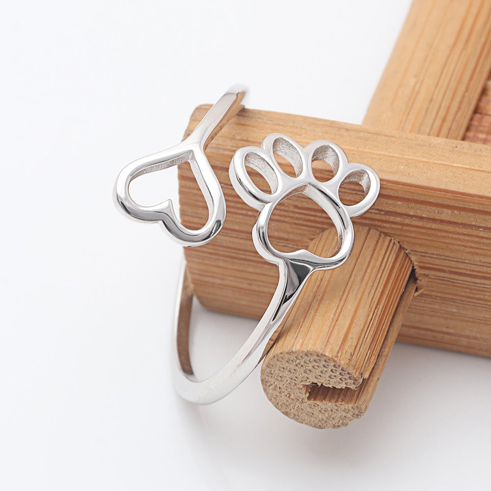 Dog Paw Print Heart Adjustable Ring Rose Gold Plated Sterling Silver Womens Ginger Lyne Collection - Rose