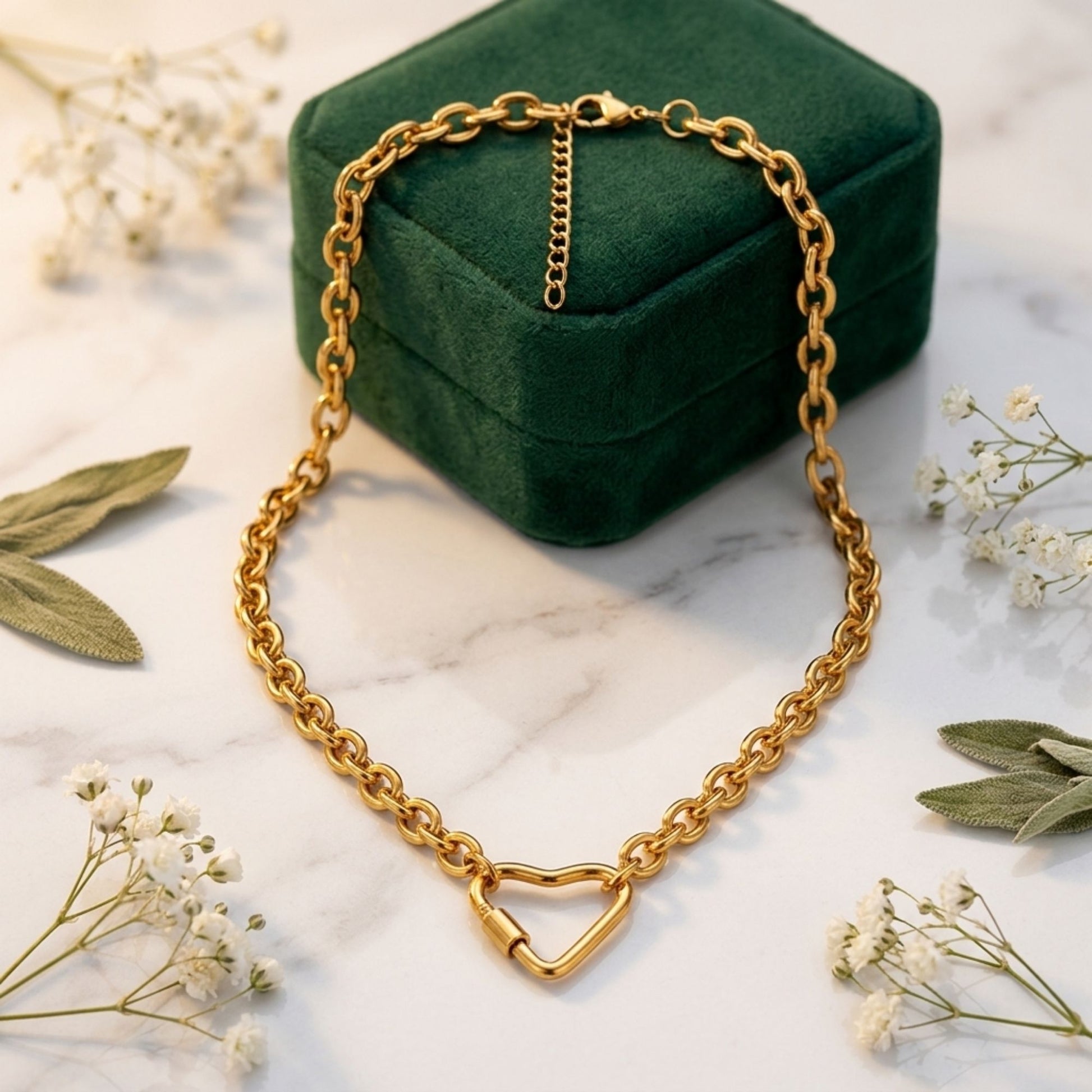 CarabinerCharmHolderNecklaceforWomenbyGingerLyneOChainSilverGoldPlatedStainlessSteel18-20"_Gold-OChain/HeartCH-2
