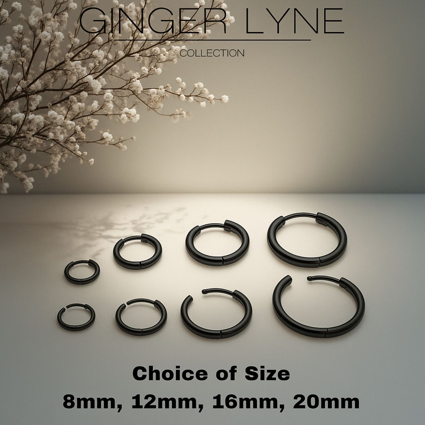 Stainless Steel Hoop Earrings by Ginger Lyne Huggie Style for Lobe Cartilage Piercing Body Jewelry - Black-20mm