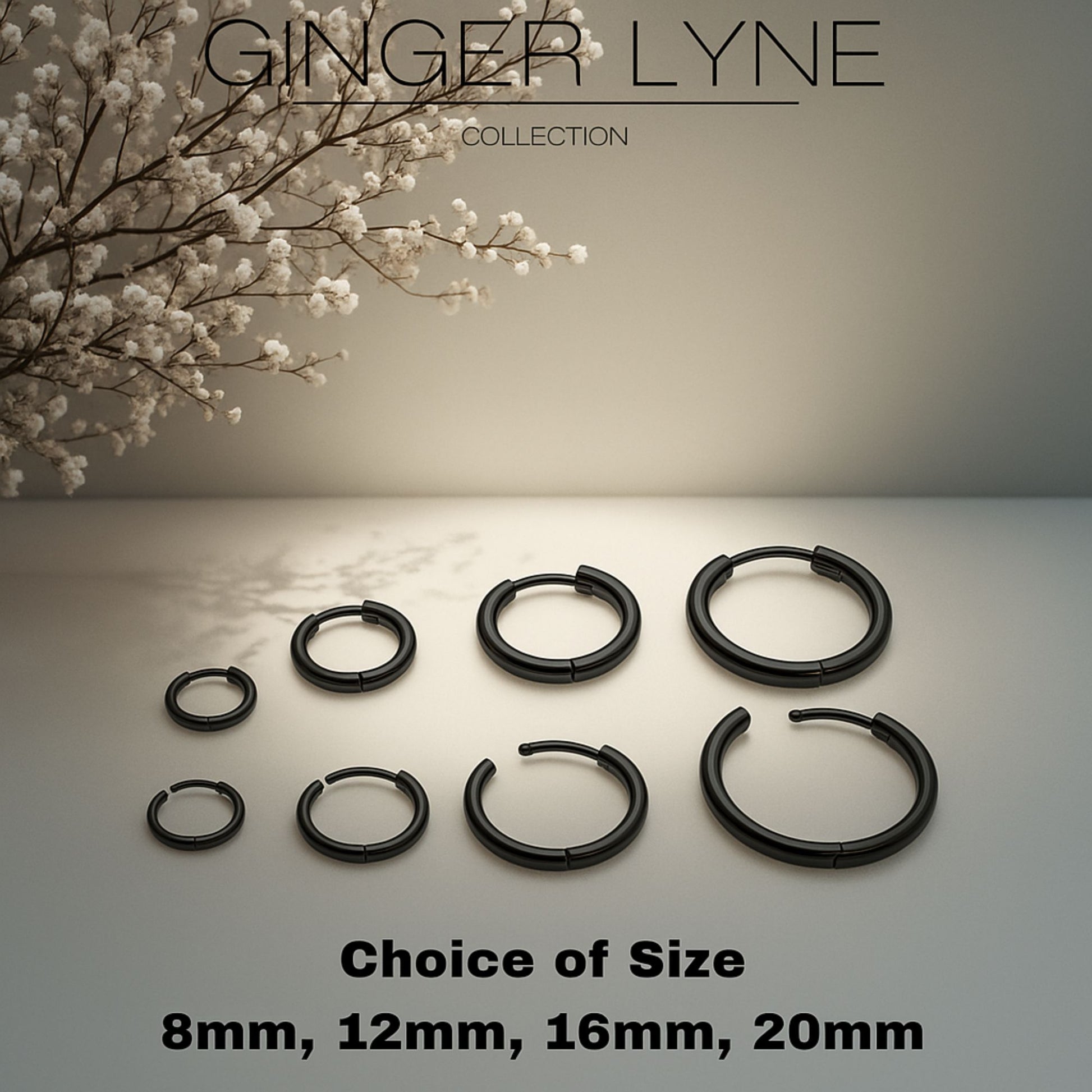 Stainless Steel Hoop Earrings by Ginger Lyne Huggie Style for Lobe Cartilage Piercing Body Jewelry - Black-20mm