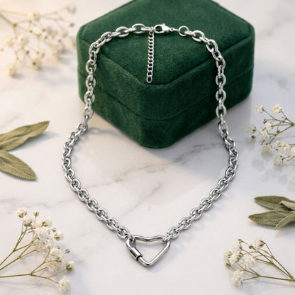 Carabiner Charm Holder Necklace for Women by Ginger Lyne O Chain Silver Stainless Steel 18-20" - Silver-OChain/Heart CH