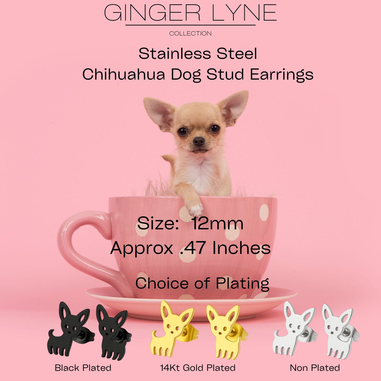 Ginger Lyne Chihuahua Dog Stud Earrings for Women Stainless Steel Puppy Pet Jewelry Gifts - Gold Tone