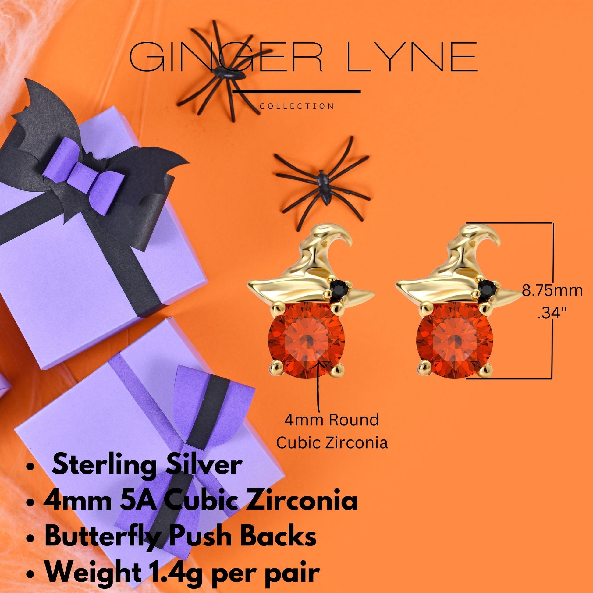 WitchHatOrangeCZStudEarringsforWomenHalloweenJewelry14KTGoldPlatedSterlingSilverGingerLyneCollection_Orange-4