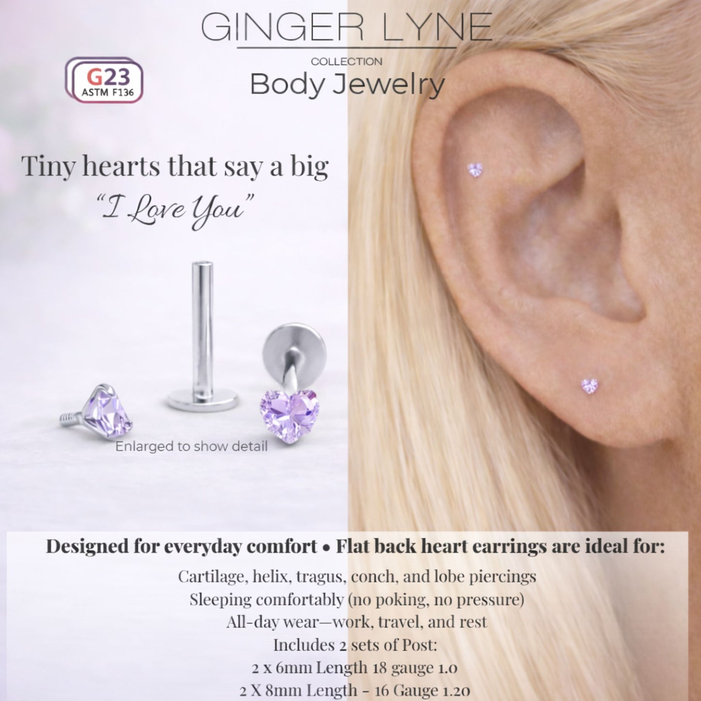 Small Heart CZ Solitaire Flat Back Stud Earrings Titanium Body Piercings by Ginger Lyne 2 Sets Post 6mm 8mm - 3mm-LtPurple