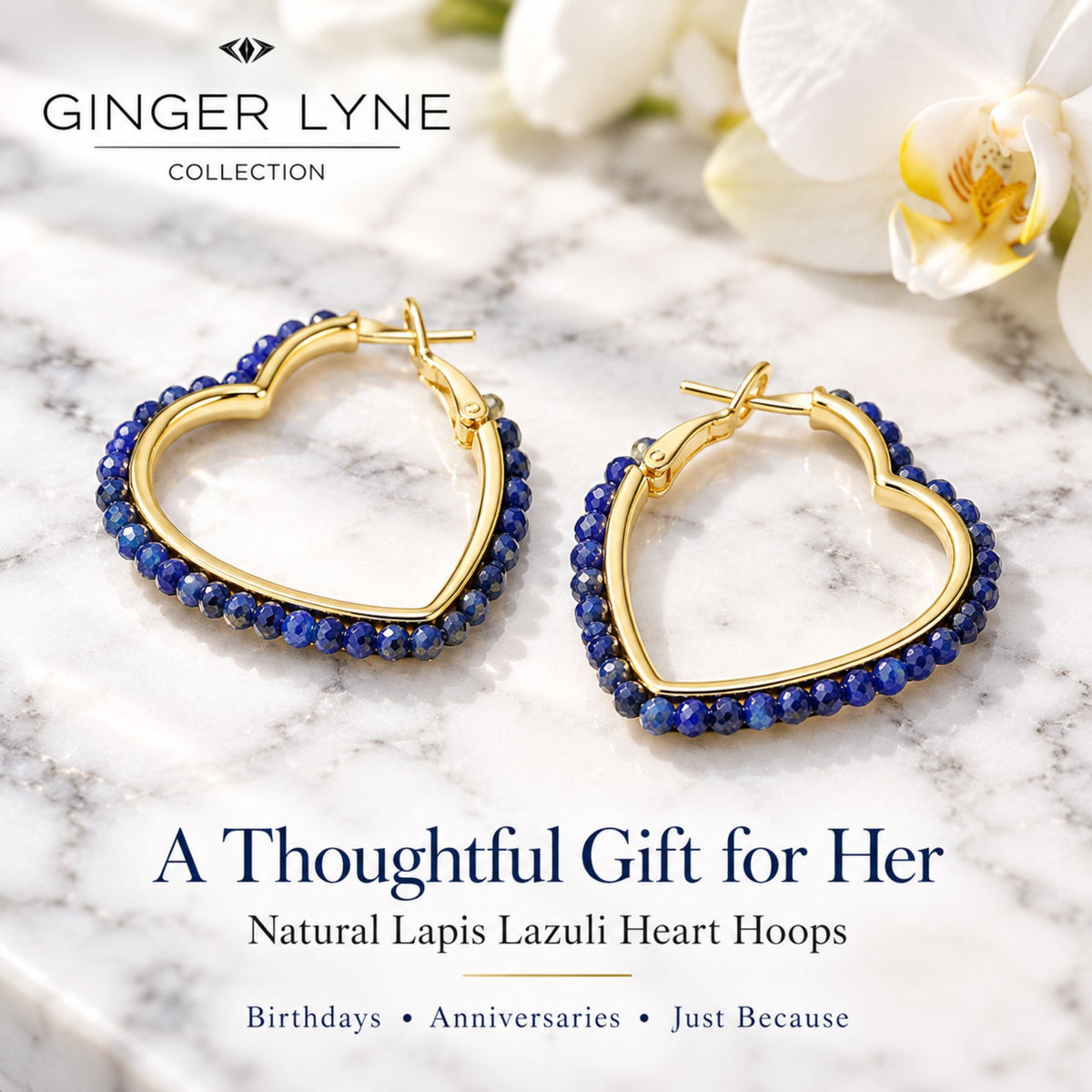 Heart Hoop Earrings for Women 14K Gold Plated Sterling Silver Natural Blue Lapis Lazuli - Blue