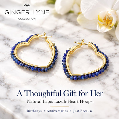 Heart Hoop Earrings for Women 14K Gold Plated Sterling Silver Natural Blue Lapis Lazuli - Blue