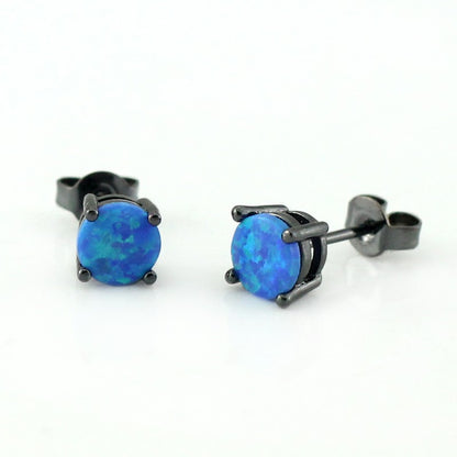 Blue Created Fire Opal Stud Earrings Black Plated for Women by Ginger Lyne Collection - Black/Blue