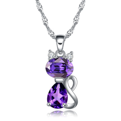 Kitten Cat Pendant Necklace for  Women Purple Cubic Zirconia Ginger Lyne Collection - purple