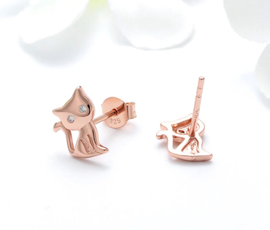 Kitty Cat Stud Earrings for Girls or Women Rose Gold Sterling Silver Cz Girls Ginger Lyne Collection - Rose Gold