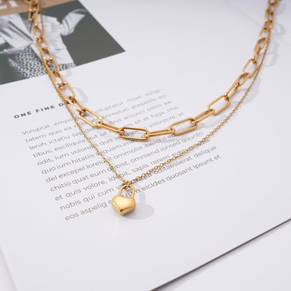 Paperclip Chain Layered Necklace for Women Heart Lock Pendant Gold over Stainless Steel Adjustable up to 21"