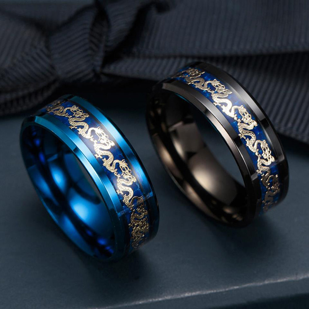 Dragon Wedding Band for Women or Men Black or Blue Stainless Steel Ring by Ginger Lyne Collection