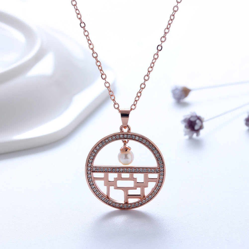 Flower Window Pattern Pendant Necklace for Women Cz Simulated Pearl Ginger Lyne Collection - Rose Gold
