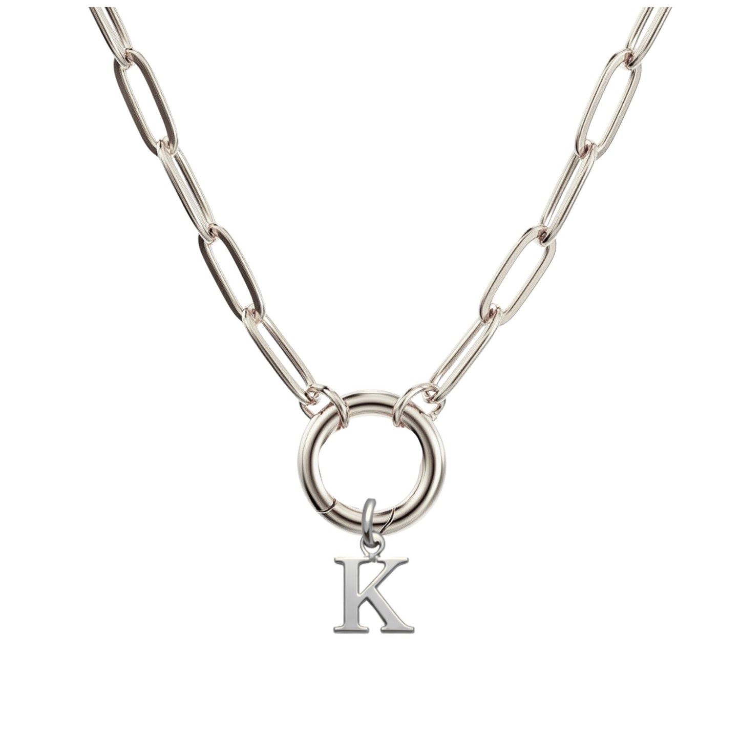 PaperclipLinkCircleCarabinerIntialLetterCharmHolderNecklaceforWomenStainlessSteel20"GingerLyne_Silver-K-1